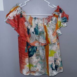 Meadow Rue Shirt Womens Medium Effervesce Watercolor Off Shoulder Flounce